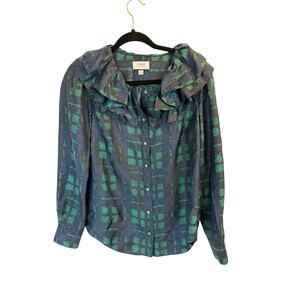 J. Crew Collection silk twill ruffle collar top in plaid AU260 size S